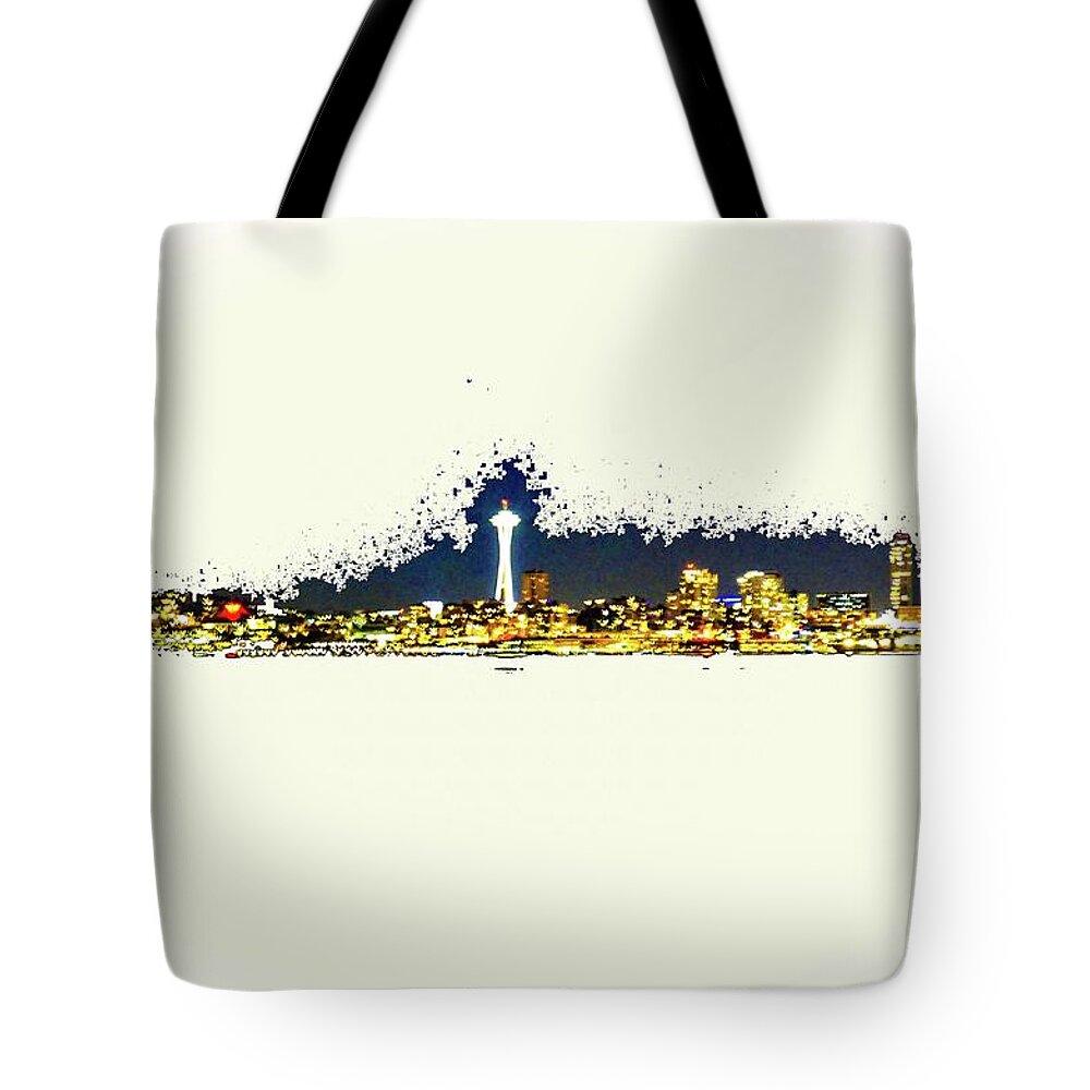 Downtown Tote Bag featuring the digital art Seattle nightscapes by Aparna Tandon