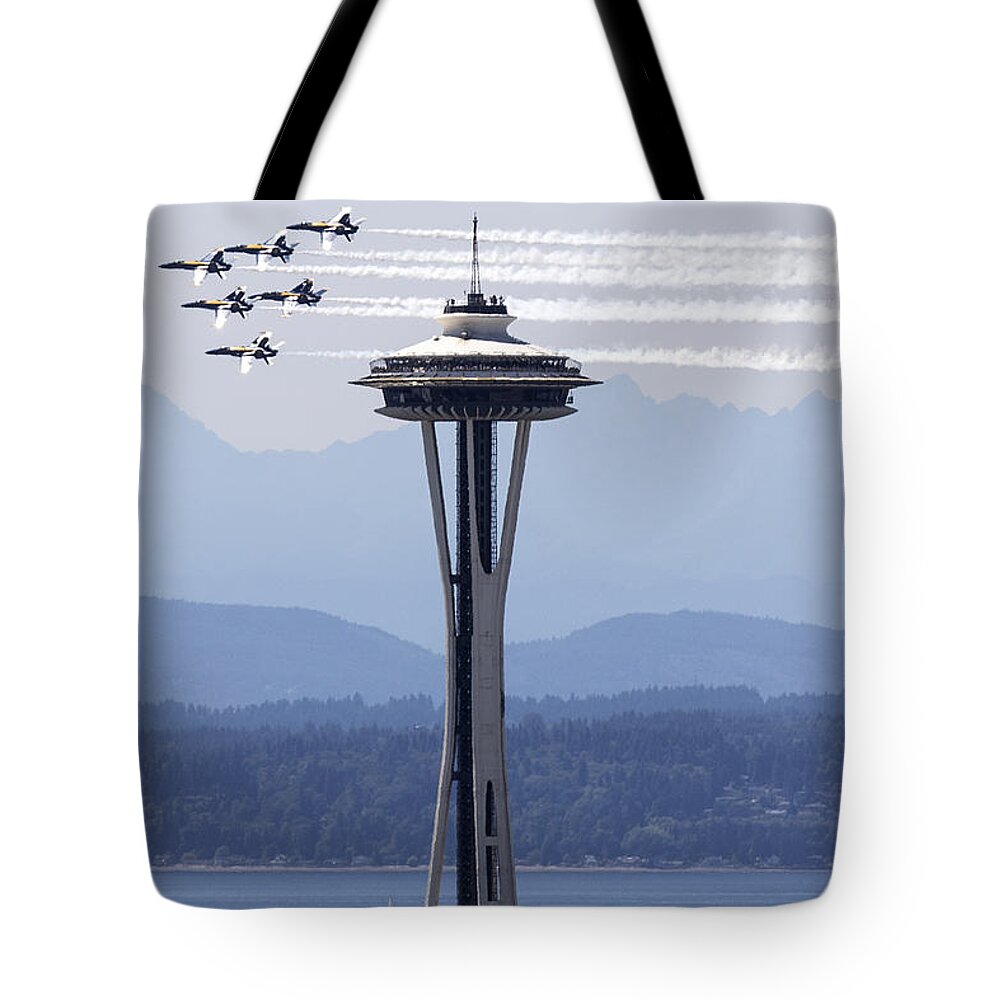 Seattle Tote Bag featuring the photograph Seattle Seafair Rooftop View Of The Blue Angles by Matt McDonald