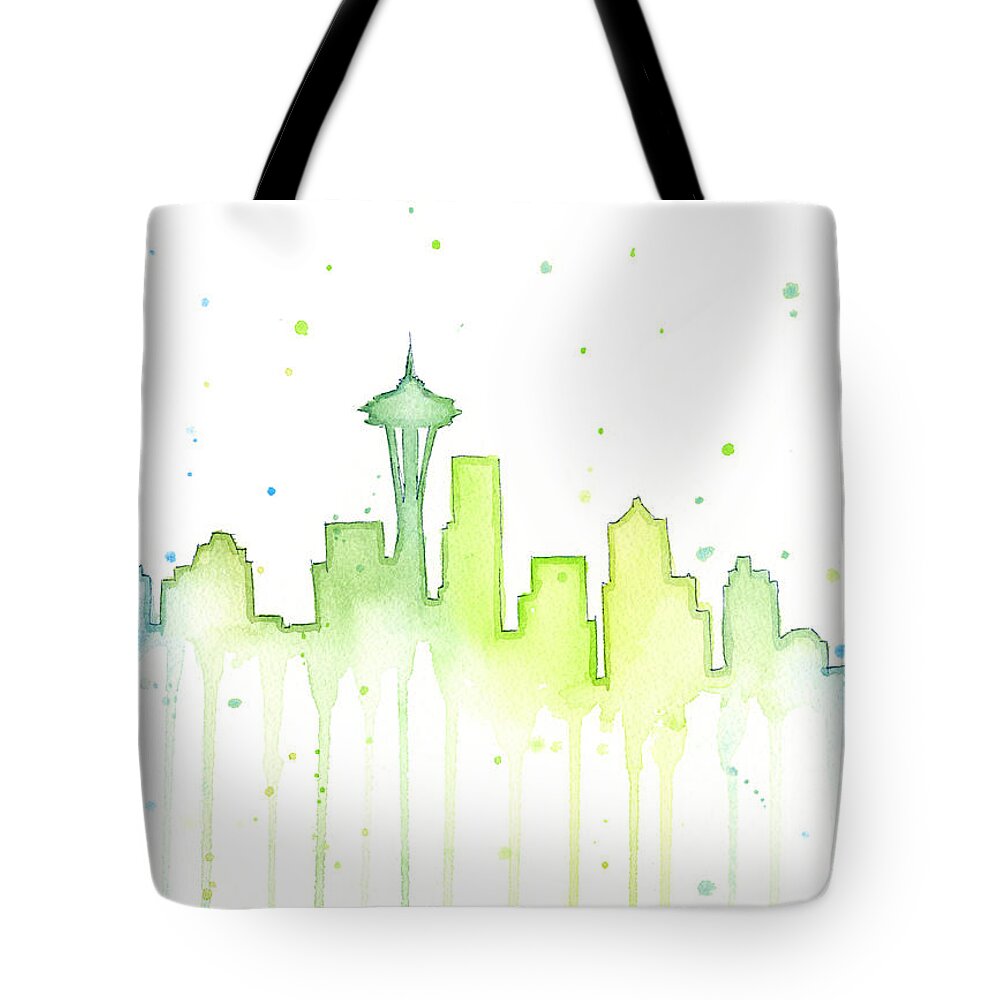Seattle Tote Bag featuring the painting Seattle Skyline Watercolor by Olga Shvartsur