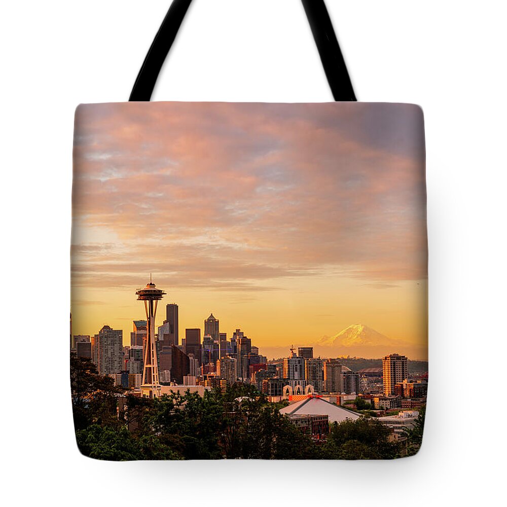 Sunrise; Landscape; Space Needle; Seattle; Kerry Park; Mount Rainier; Cloudy Tote Bag featuring the digital art Seattle Sunrise by Michael Lee