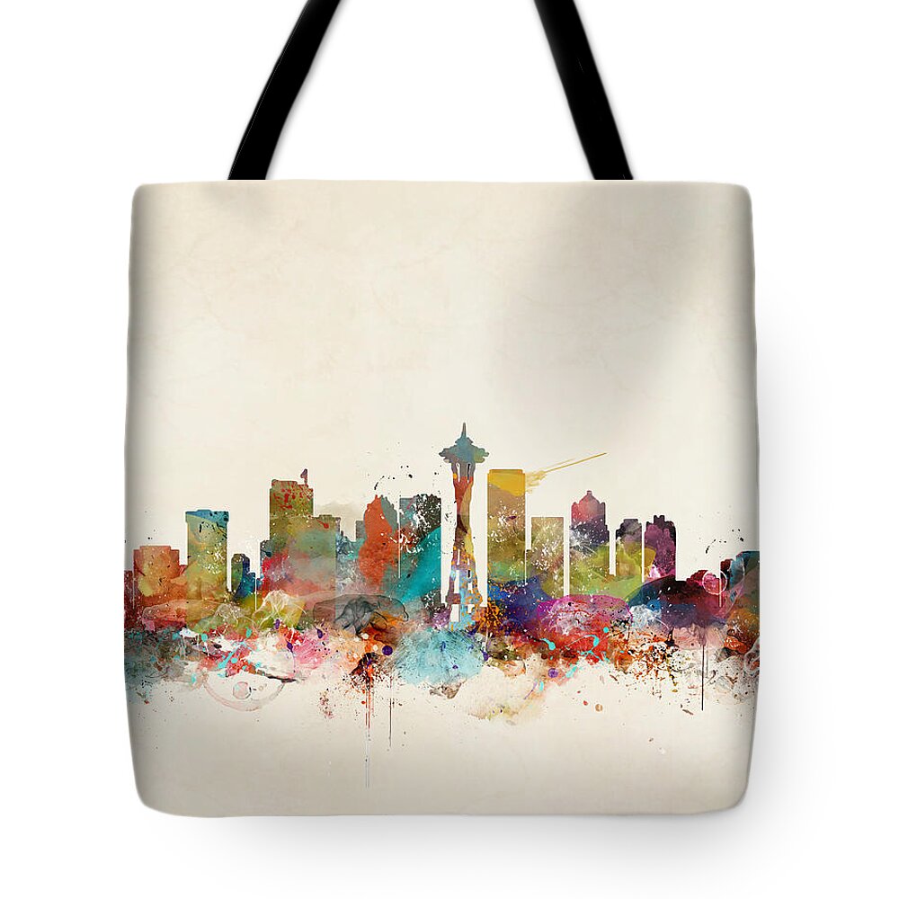 Seattle Washington Tote Bag featuring the painting Seattle Washington Skyline by Bri Buckley