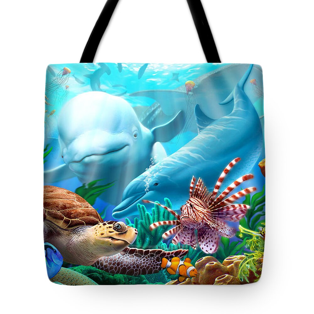 Beluga Whale Dolphin Whale Shark Hammerhead Shark Sawfish Grouper Fish Sting Rays Jellyfish Turtle Lion Fish Clown Fish Sea Horse Sponge Coral Kelp Ocean Aquatic Sea Water Blue Ocean Life Wildlife Colorful Tote Bag featuring the digital art Seavilians 1 by Jerry LoFaro