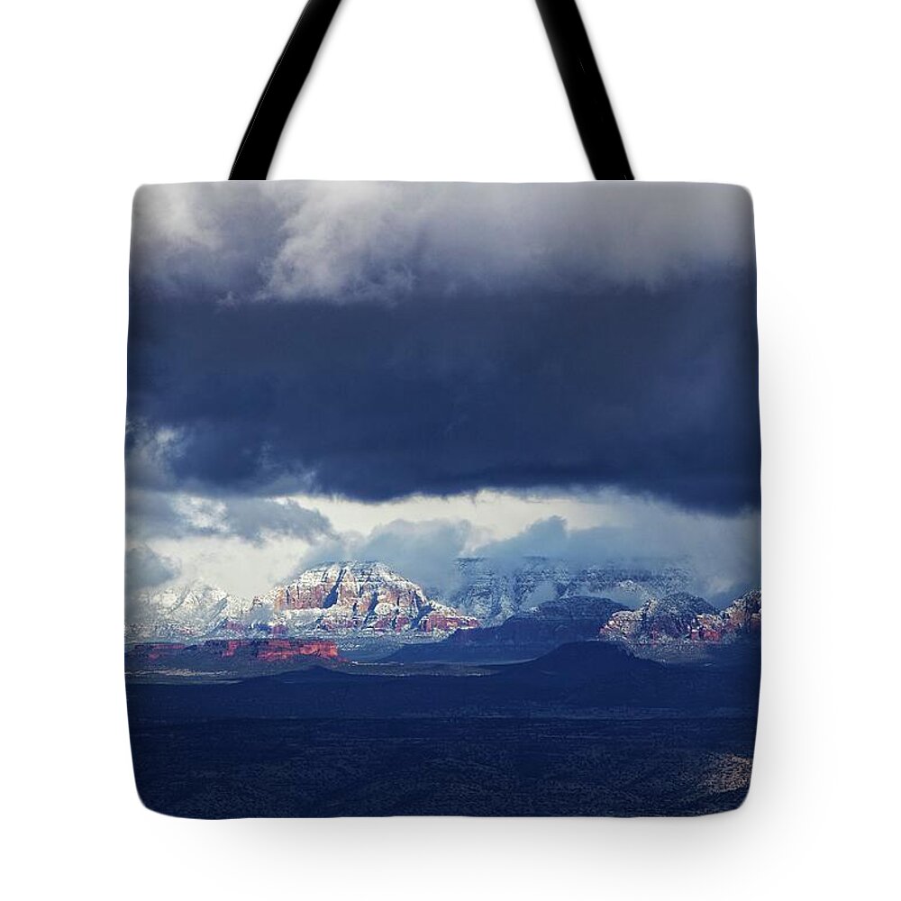 Sedona Tote Bag featuring the photograph Sedona area third Winter Storm by Ron Chilston