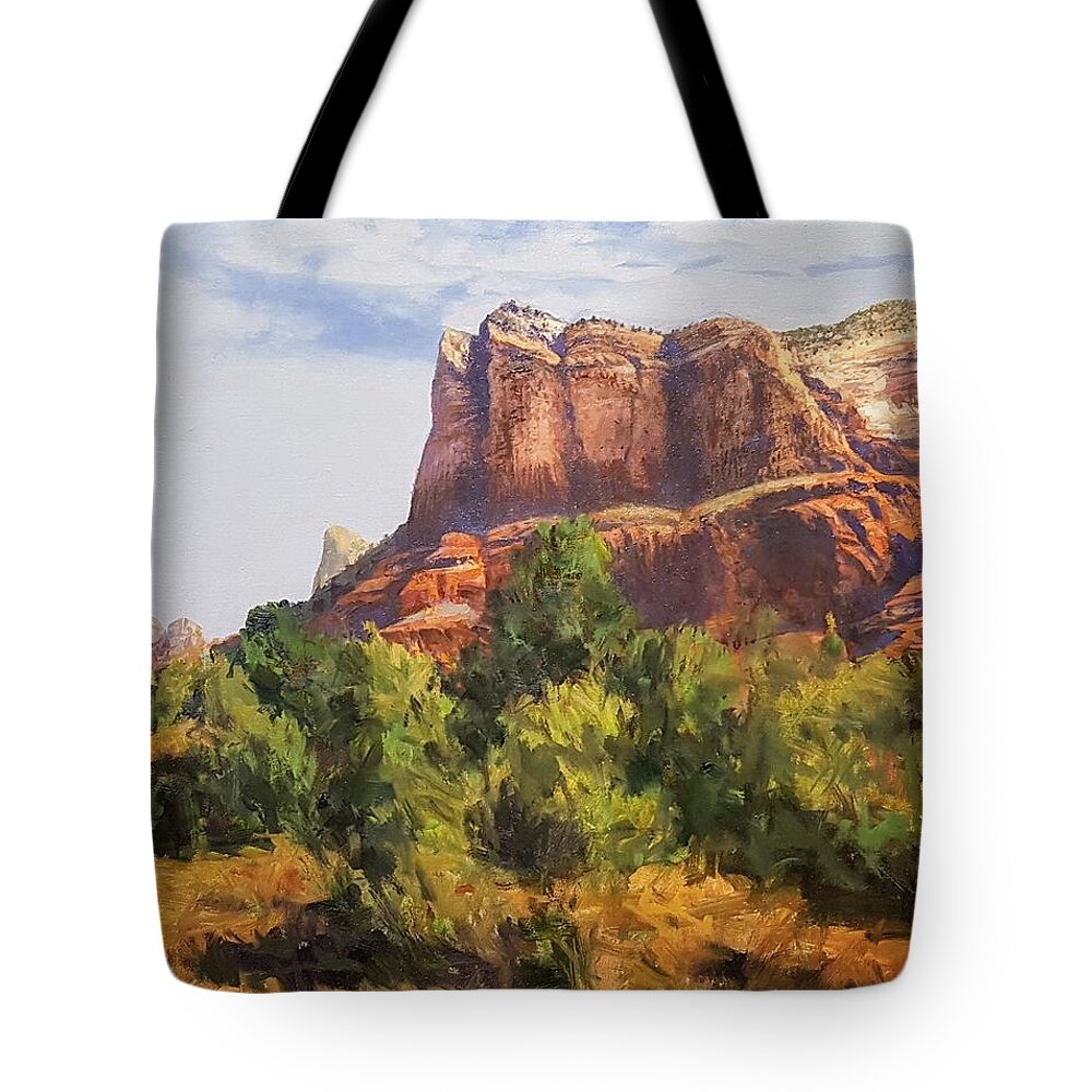 Sedona Tote Bag featuring the painting Sedona at the red rocks afternoon by Jessica Anne Thomas