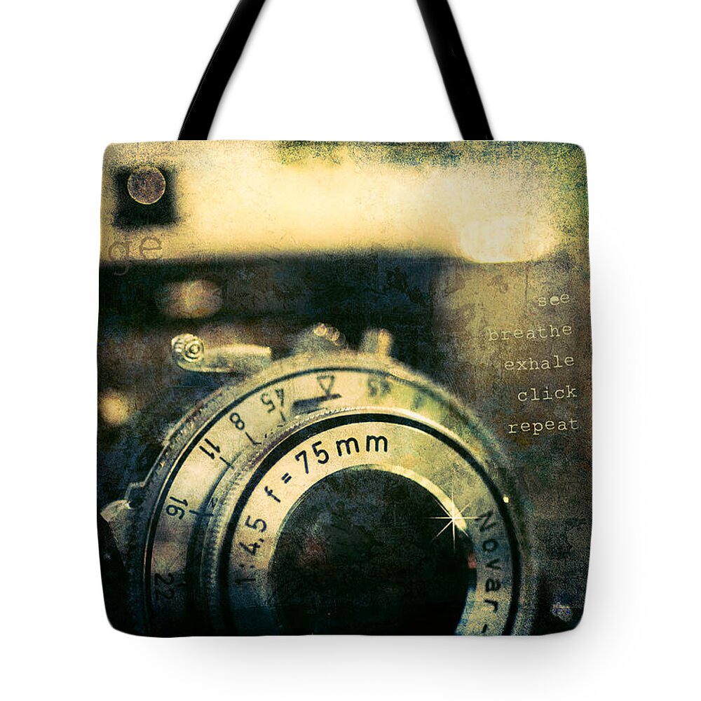 Vintage Camera Tote Bag featuring the photograph See Breathe Exhale Click Repeat by Joy Gerow