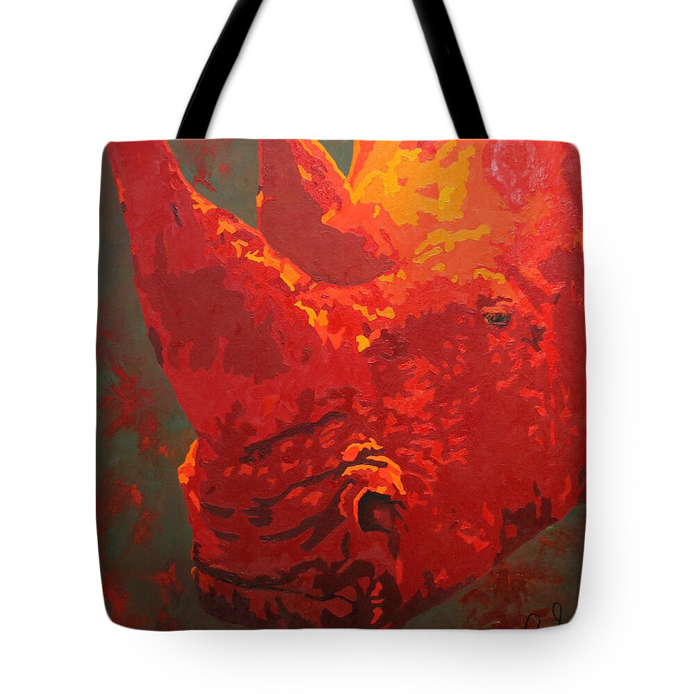 Rhinoceros Tote Bag featuring the painting Seeing Red by Cheryl Bowman