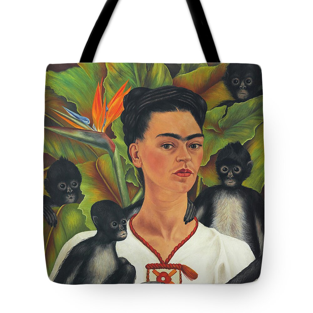 Frida Kahlo Tote Bag featuring the painting Self-portrait with monkeys, 1943 by Frida Kahlo