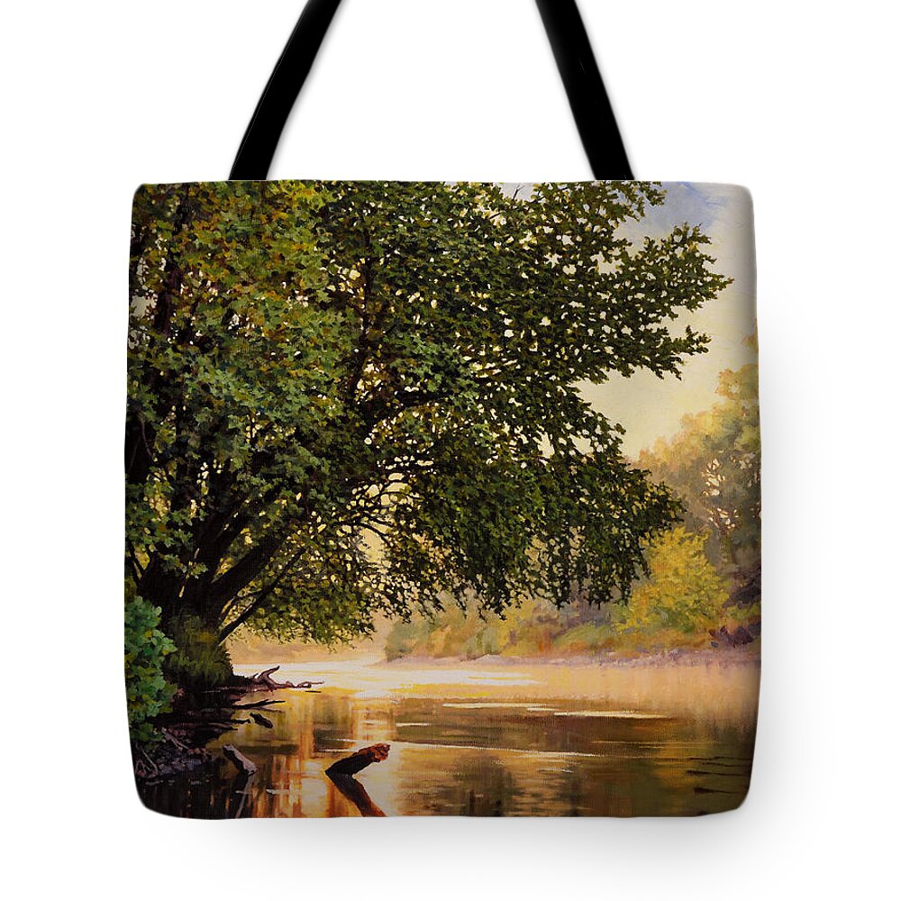 Landscape Tote Bag featuring the painting September Dawn, Little Sioux River - studio painting by Bruce Morrison
