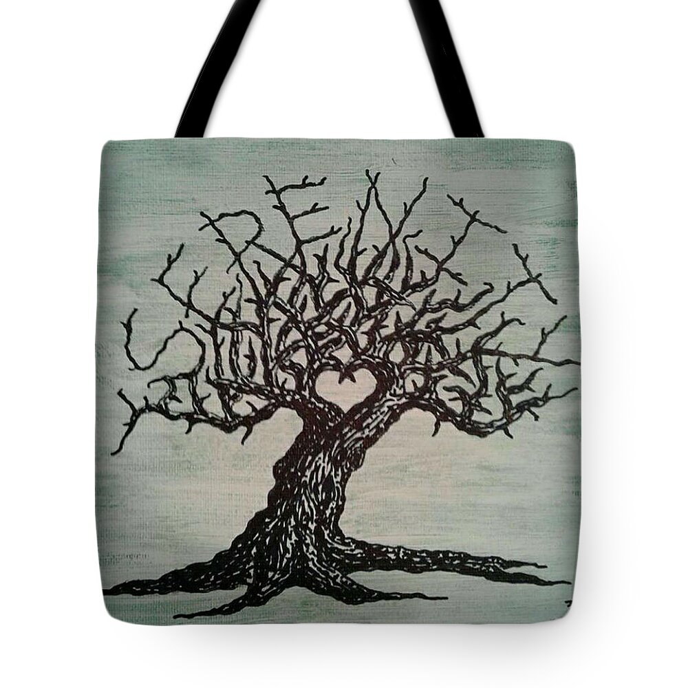 Serenity Tote Bag featuring the drawing Serenity Love Tree by Aaron Bombalicki