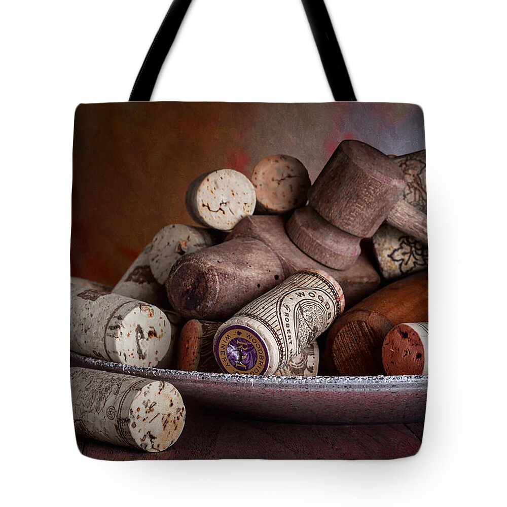Aged Tote Bag featuring the photograph Served - Wine Taps and Corks by Tom Mc Nemar