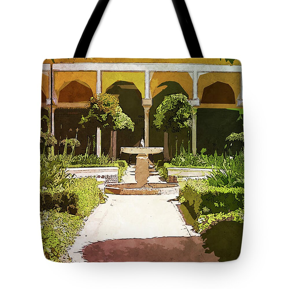 Seville Tote Bag featuring the painting Seville, Andalusian Patio - 02 by AM FineArtPrints