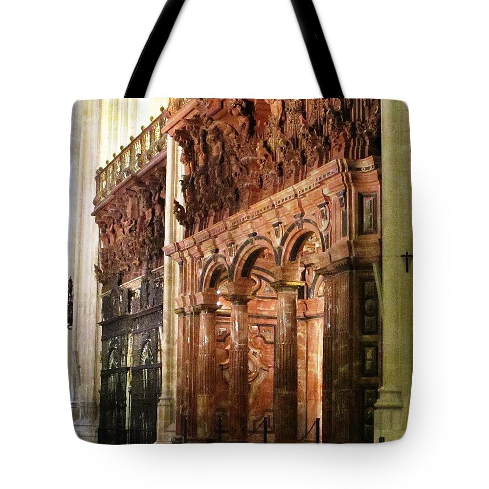 Seville Tote Bag featuring the photograph Seville Marble Wall II Cathedral Spain by John Shiron