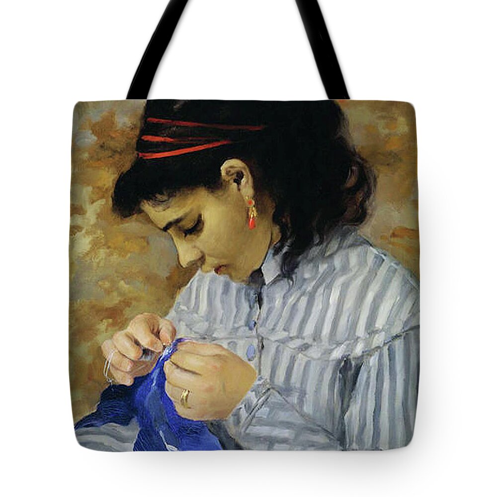 Sewing Tote Bag featuring the mixed media Sewing Vintage Girl Simpler Times by Pierre Auguste Renoir