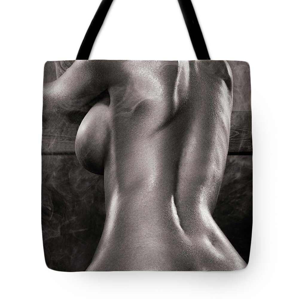 Erotic Tote Bag featuring the photograph Sexy nude woman in steam room naked back artistic black and whit by Maxim Images Exquisite Prints