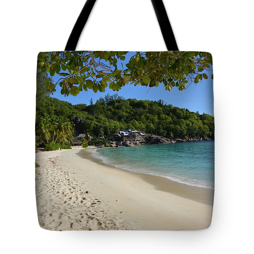 Sunset Tote Bag featuring the photograph Seychelles calm beach by Sabine Meisel