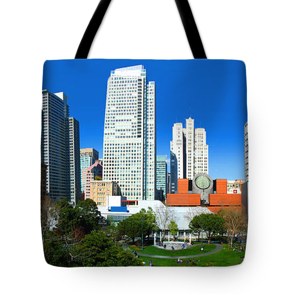 Yerba Buena Gardens Tote Bag featuring the photograph SFMOMA and Yerba Buena Gardens Panorama by Wernher Krutein