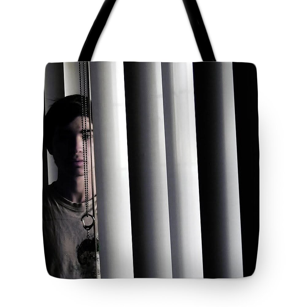 Shadow Male Model Window Light Dark Photography Art Tote Bag featuring the photograph Shades by Fernando Fernandez