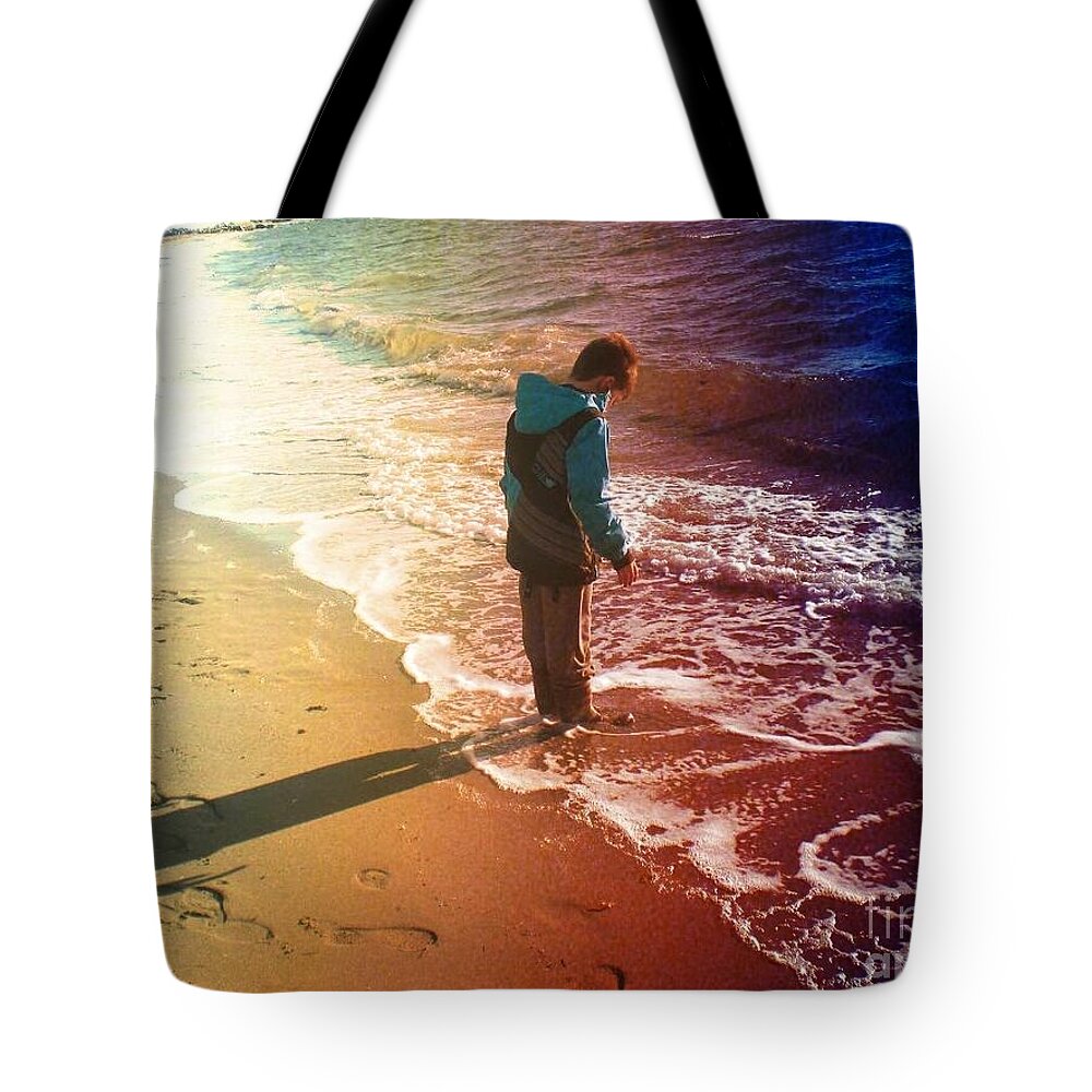 Boy At Beach Tote Bag featuring the photograph Shadow Wave by Kim Prowse