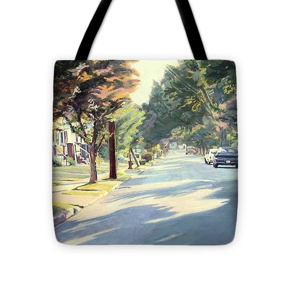 A Trip In The Inner City Tote Bag featuring the painting Shadows in 44108 by David Buttram