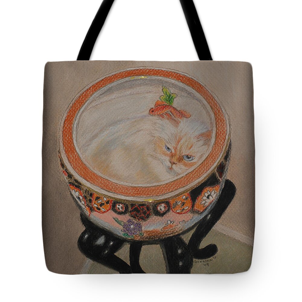 Cat Tote Bag featuring the drawing Shakespeare in a Chinese Fishbowl by Quwatha Valentine