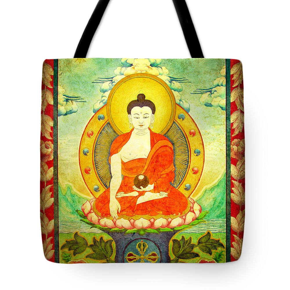 Shakyamuni Buddha Tote Bag featuring the digital art Shakyamuni Buddha Thangka by Alexa Szlavics
