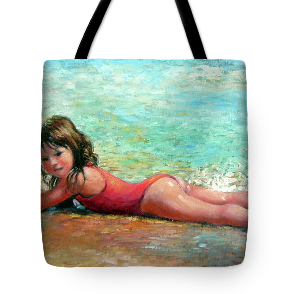 Child In Surf Tote Bag featuring the painting Shallow Surf by Marie Witte