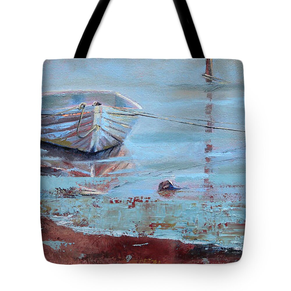Rowboat Tote Bag featuring the painting Shallow Tether by Trina Teele