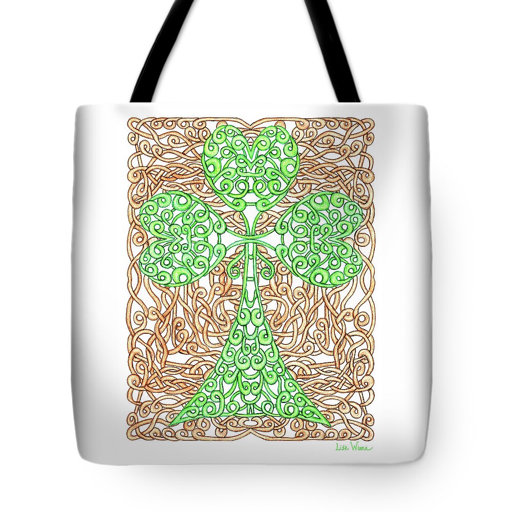 Lise Winne Tote Bag featuring the drawing Shamrock with Knotted Background by Lise Winne