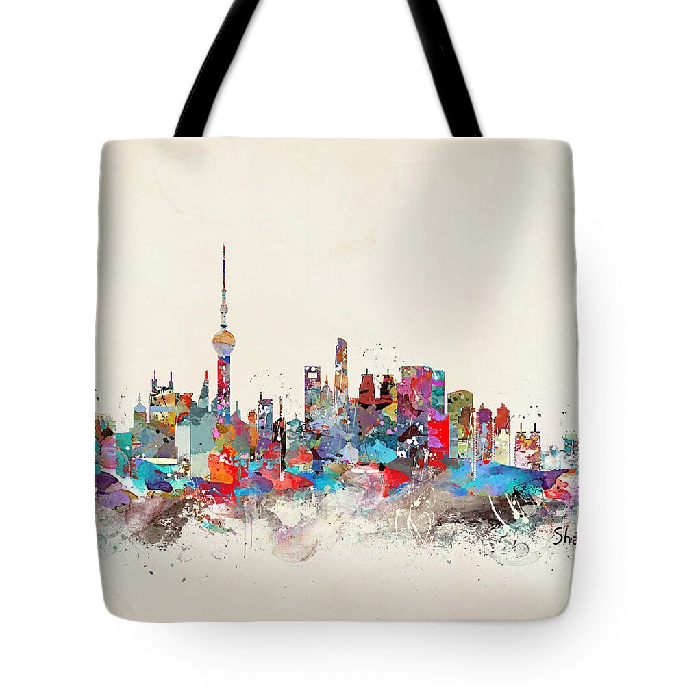 Shanghai City Skyline Tote Bag featuring the painting Shanghai Skyline by Bri Buckley