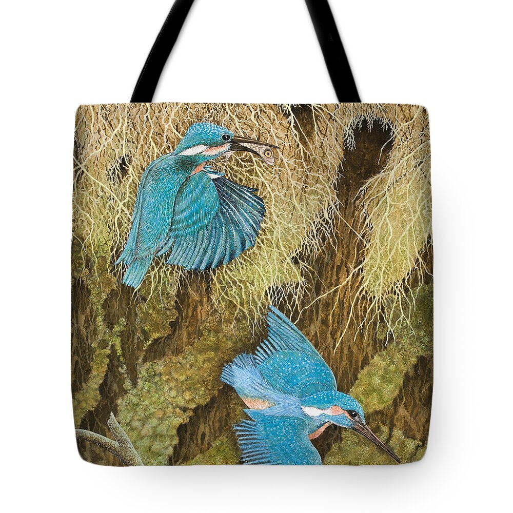 Kingfisher Tote Bag featuring the painting Sharing the Caring by Pat Scott