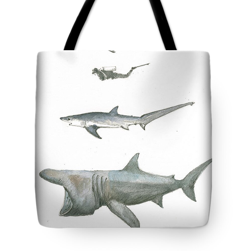 Sharks Tote Bag featuring the painting Sharks in the deep ocean by Juan Bosco