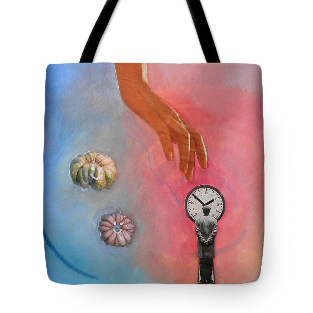 Surreal Surrealist Watercolor Collage Painting Paintings Color Multicolored Hand Time Clock Gourds Photos Man Photography Mystical Spiritual Goddess Tote Bag featuring the painting She Came From Above by Laura Joan Levine