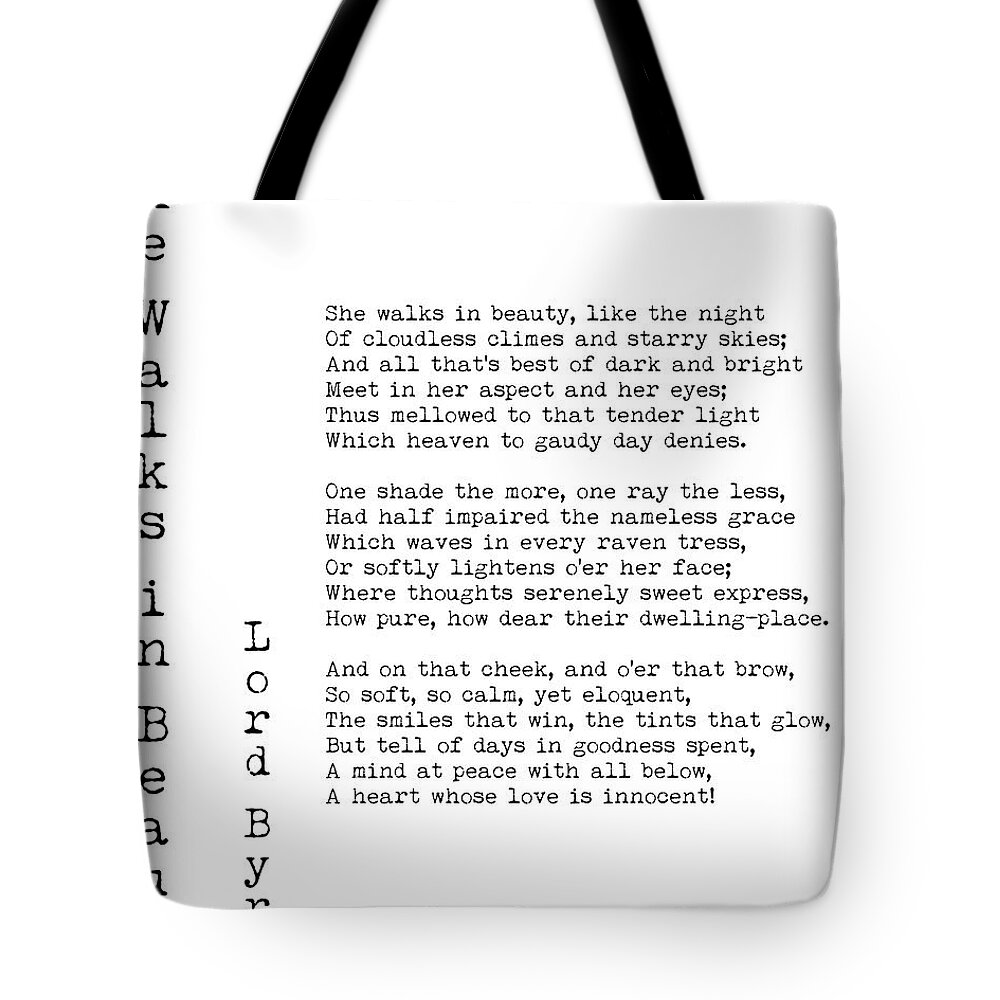 She Walks In Beauty Tote Bag featuring the digital art She Walks in Beauty - Lord Byron - White by Georgia Clare