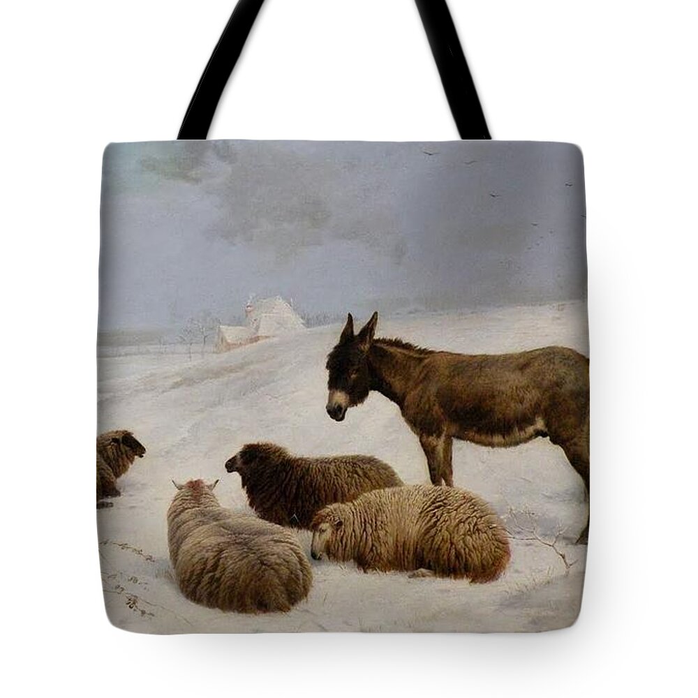 Charles Jones - Sheep And Donkey In A Winter Landscape Tote Bag featuring the painting Sheep and Donkey in a Winter Landscape by MotionAge Designs