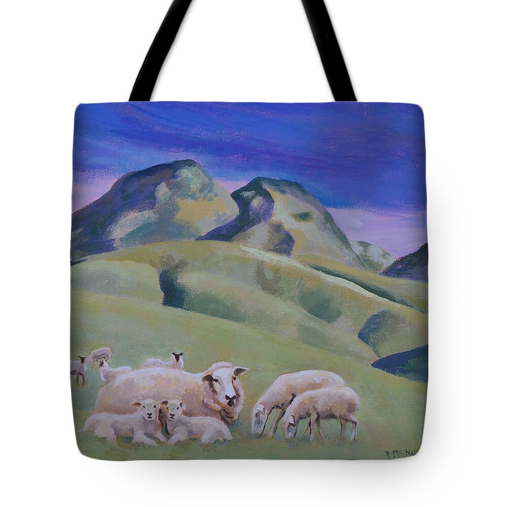 Landscape Tote Bag featuring the painting Sheep at Sutter Buttes by Susan McNally