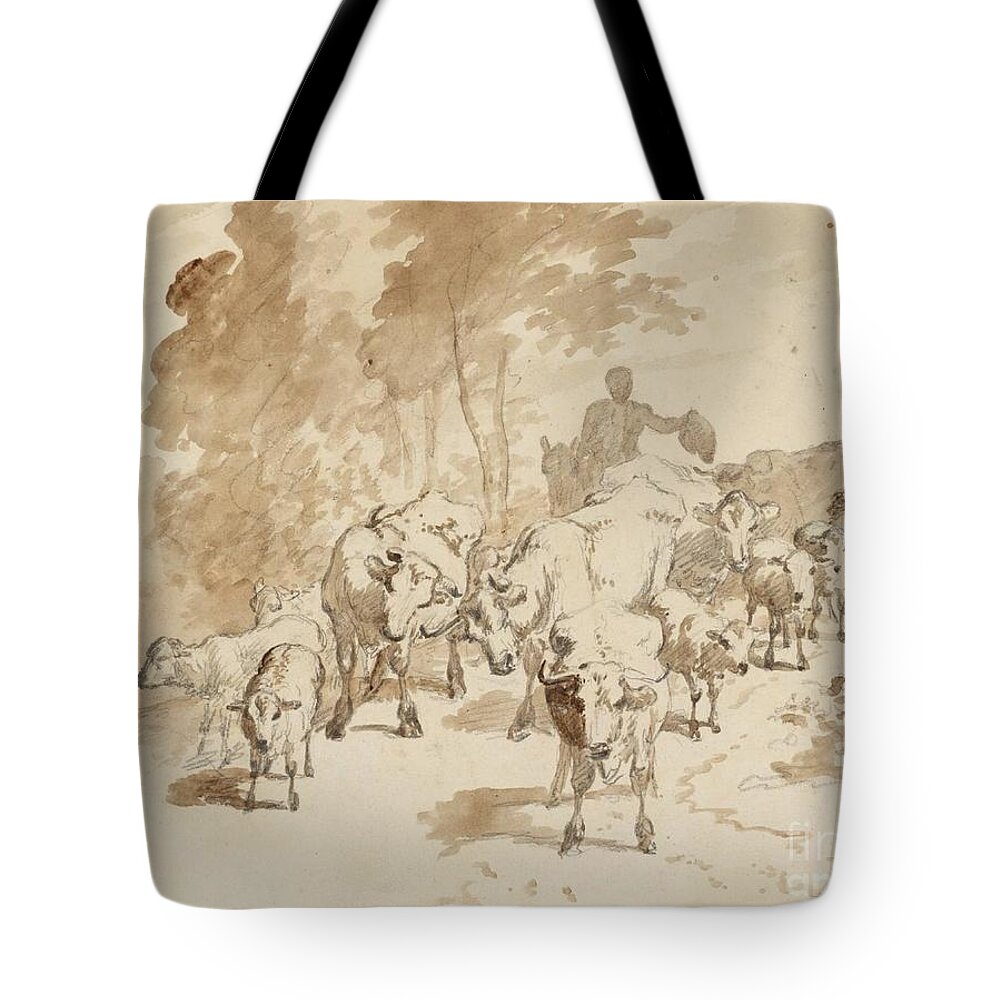Robert Hills Sheep On The Road Tote Bag featuring the painting Sheep on the Road by MotionAge Designs