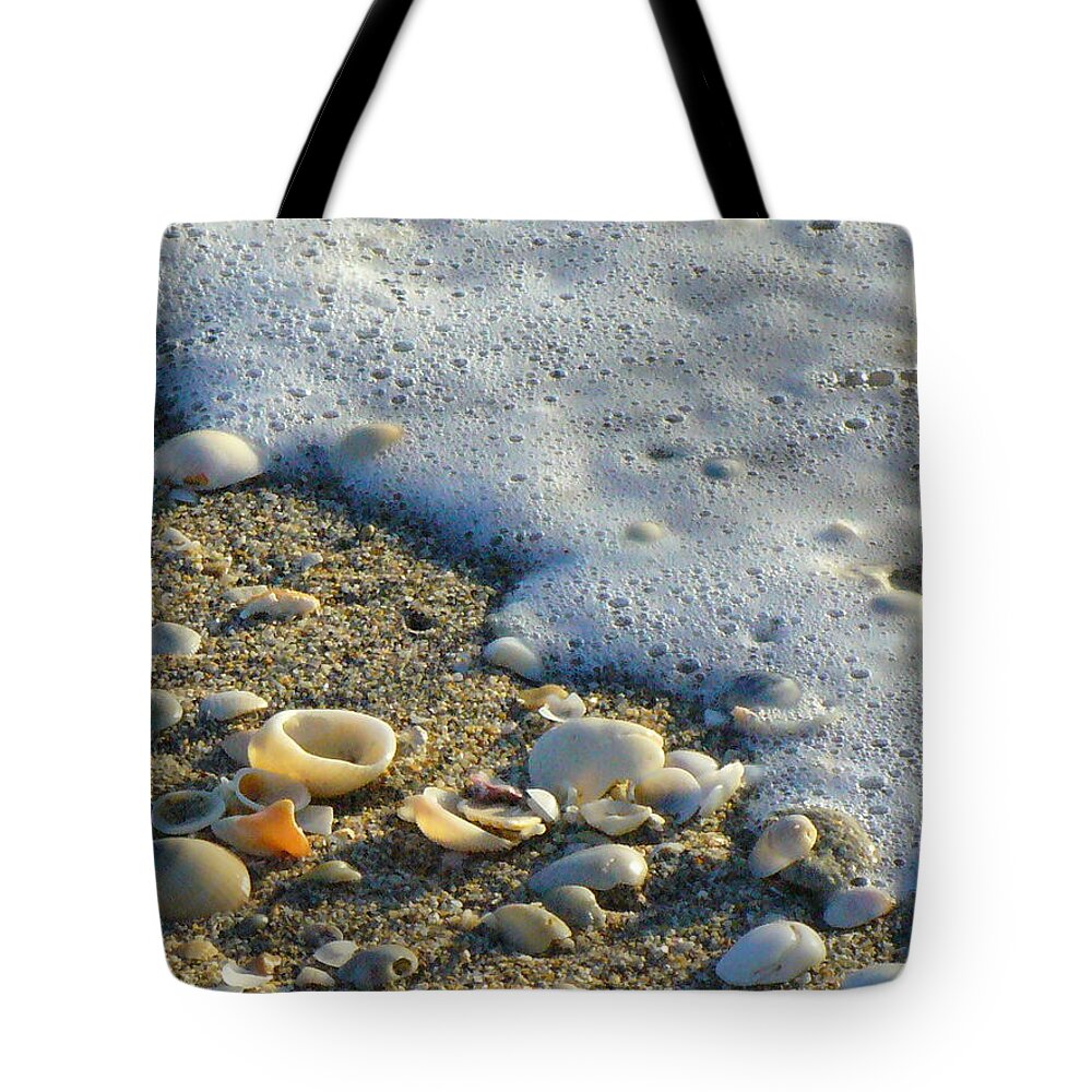 Shells Tote Bag featuring the photograph Shells and seafoam by Peggy King
