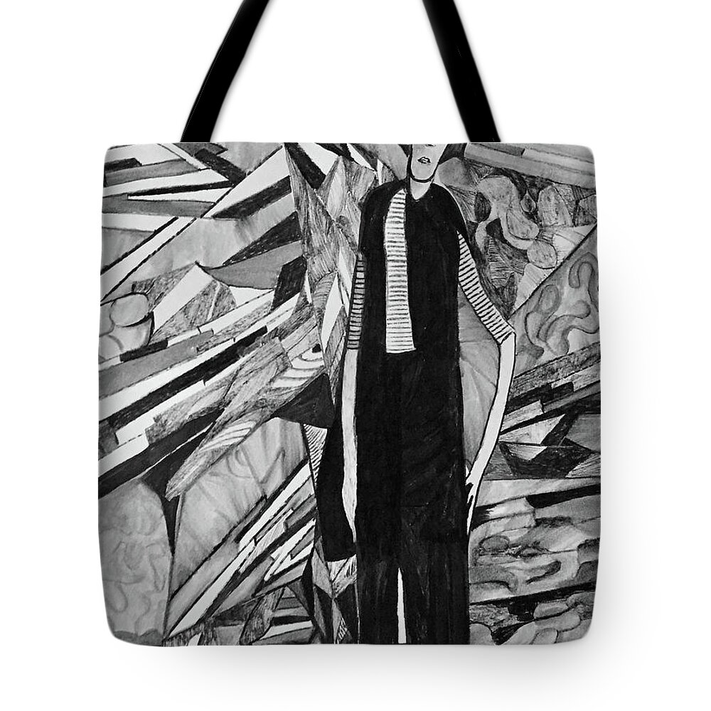 Abstract Tote Bag featuring the drawing She's busy. Very very busy by Dennis Ellman