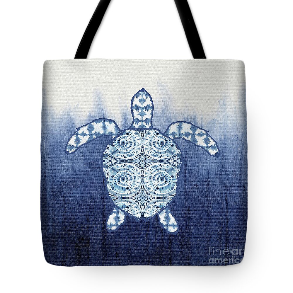 Shibori Tote Bag featuring the painting Shibori Blue 1 - Patterned Sea Turtle over Indigo Ombre Wash by Audrey Jeanne Roberts