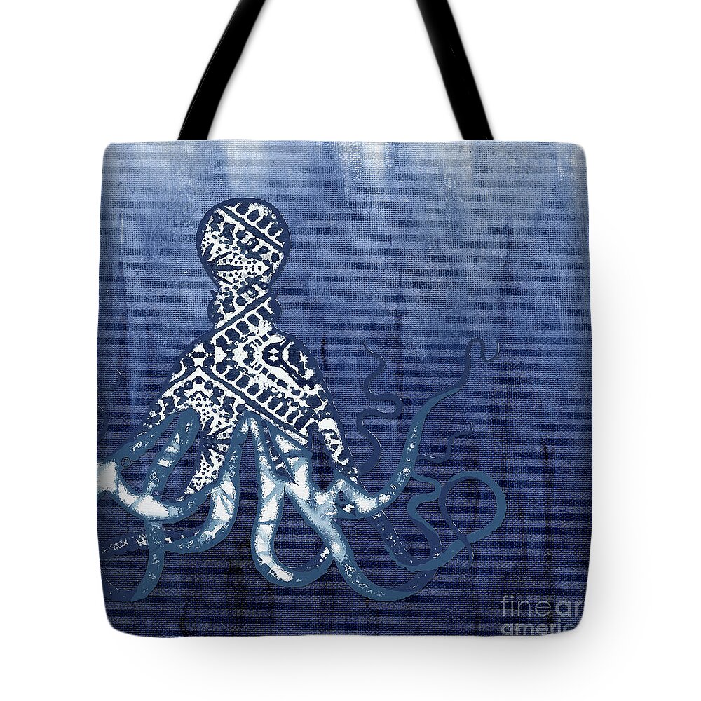 Octopus Tote Bag featuring the painting Shibori Blue 2 - Patterned Octopus over Indigo Ombre Wash by Audrey Jeanne Roberts