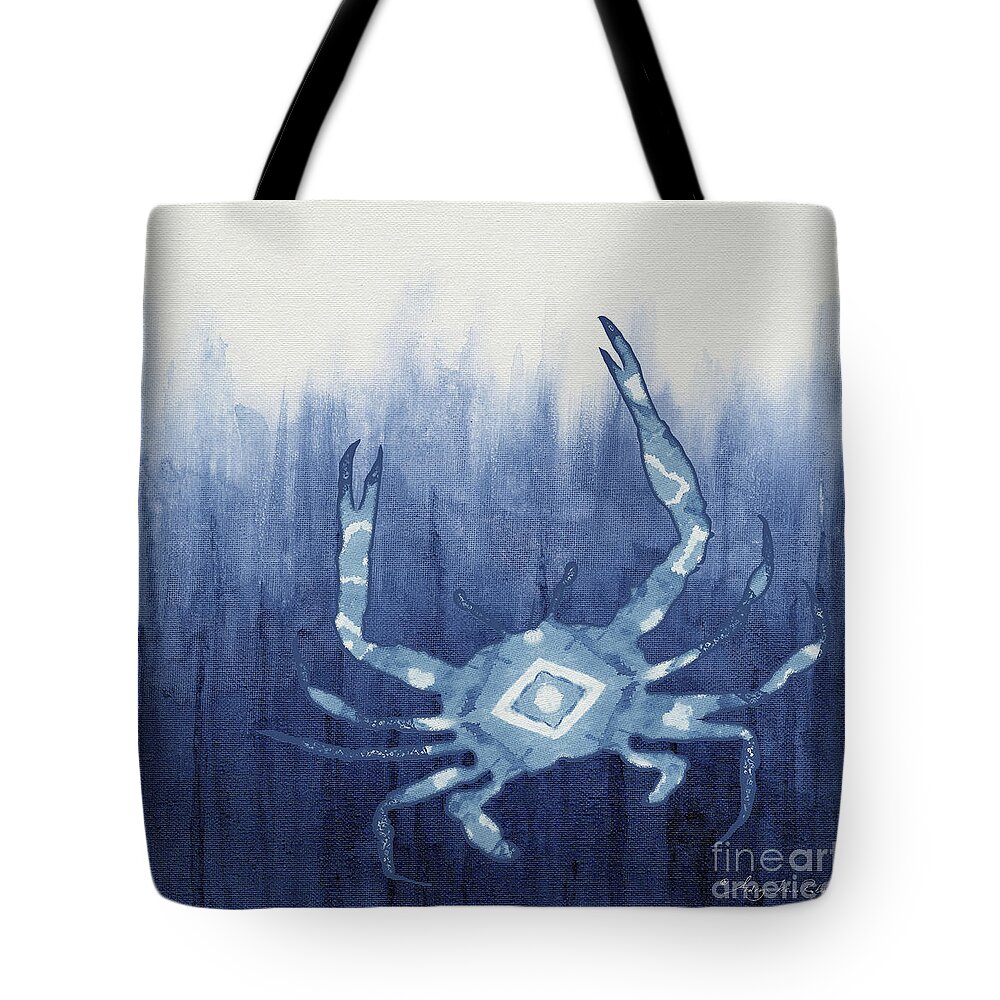 Blue Crab Tote Bag featuring the painting Shibori Blue 4 - Patterned Blue Crab over Indigo Ombre Wash by Audrey Jeanne Roberts