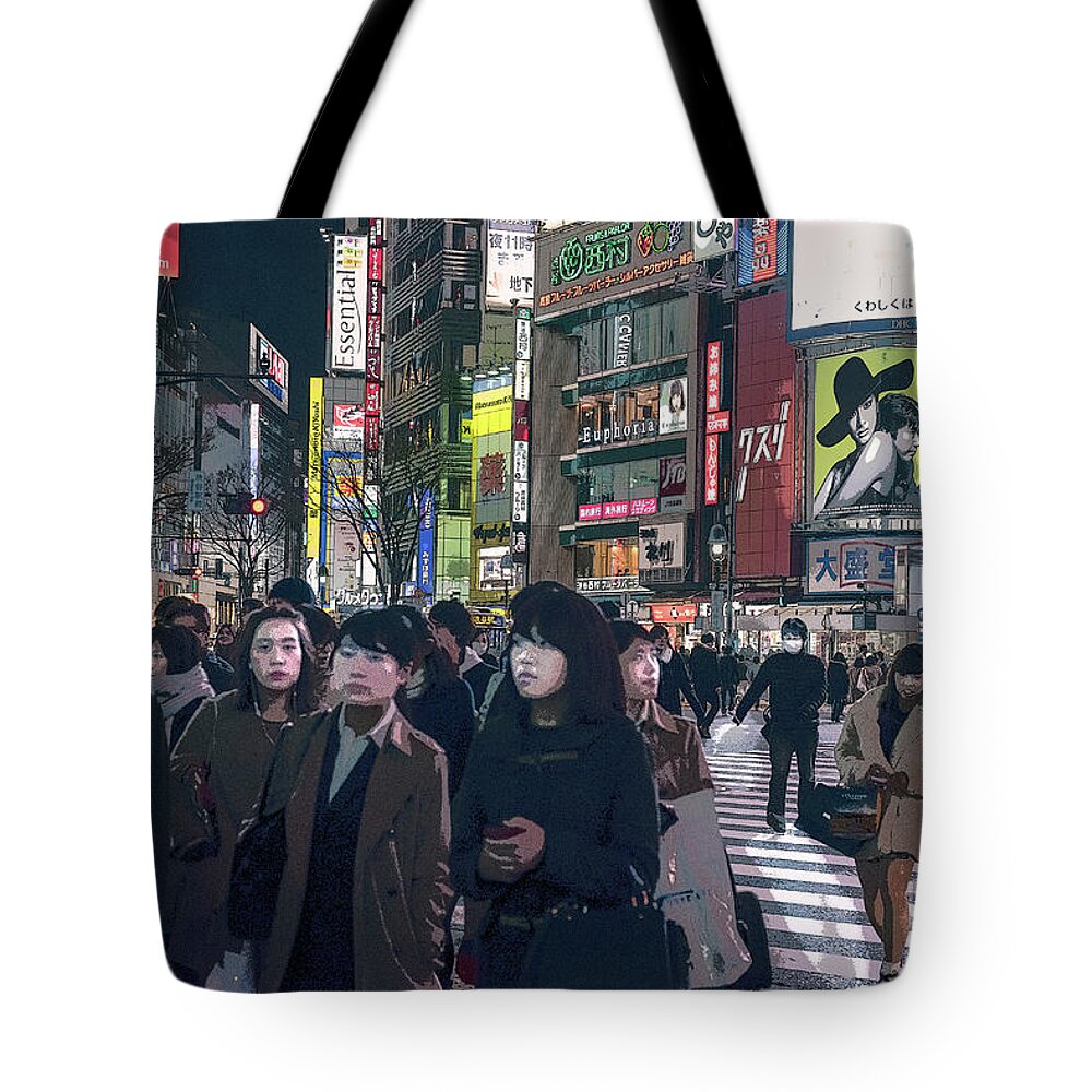 Shibuya Tote Bag featuring the photograph Shibuya Crossing, Tokyo Japan Poster 2 by Perry Rodriguez