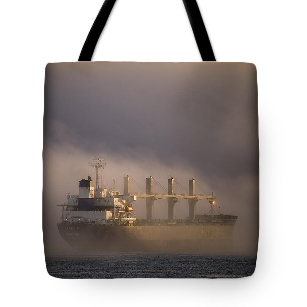 Astoria Tote Bag featuring the photograph Ship in the Fog by Robert Potts