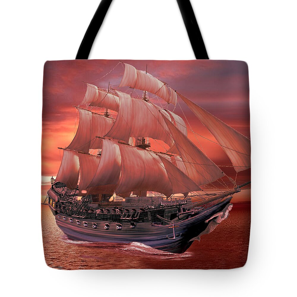 Red Sunset Tote Bag featuring the digital art Ship Sails at Sunset by Glenn Holbrook