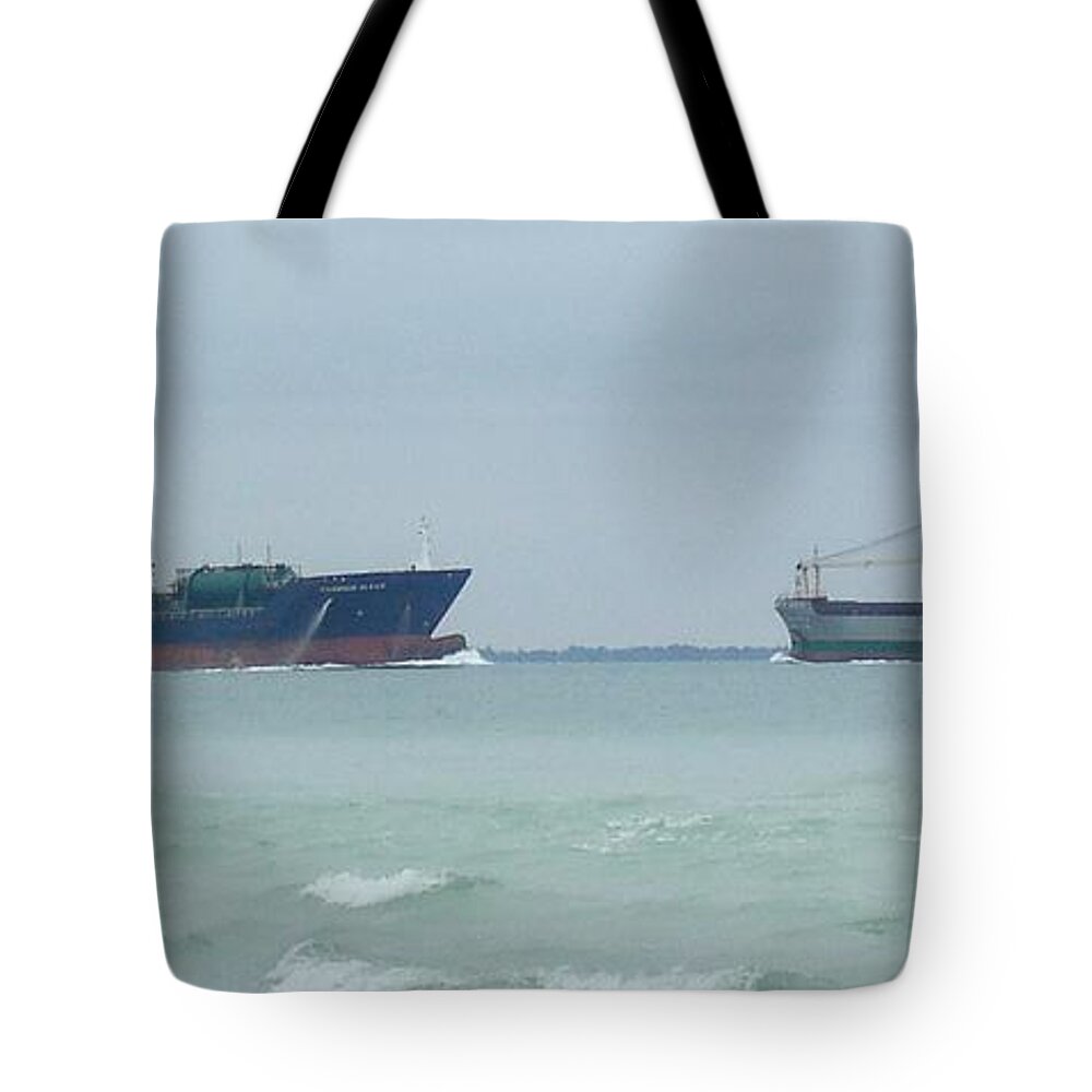 Tanker Tote Bag featuring the photograph Ships Meet by Julie Pappas