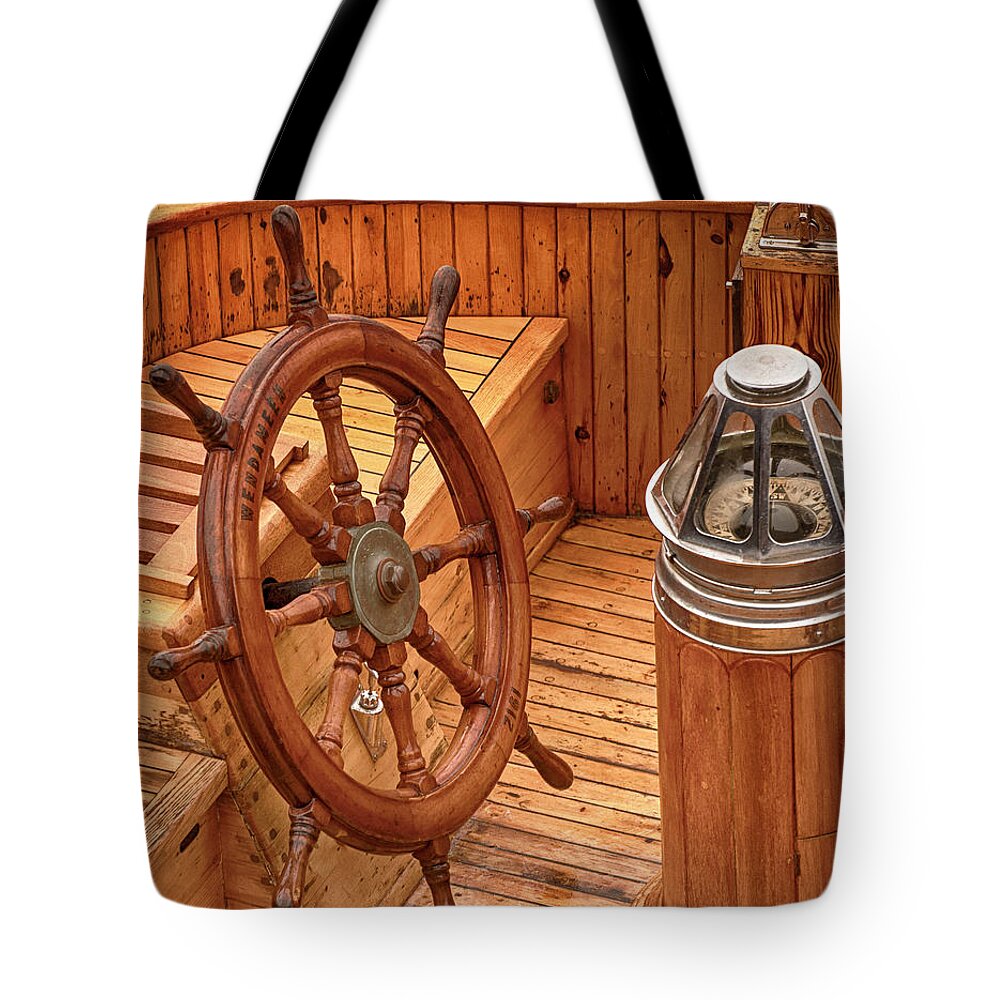 Ship's Wheel; Compass; Ship; Boat; Wheel; New England; Portland; Maine Tote Bag featuring the photograph Wheel and Compass by Mick Burkey