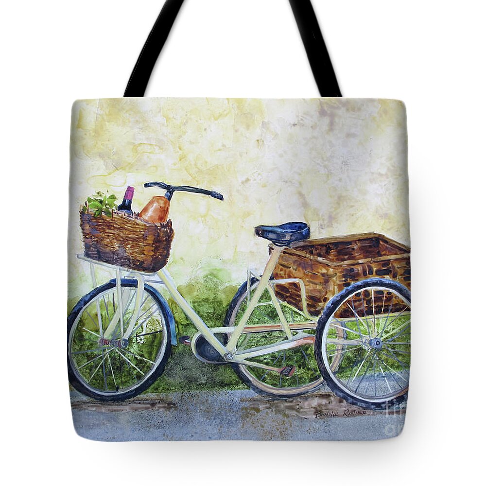 Bicycle Tote Bag featuring the painting Shopping Day in Lucca Italy by Bonnie Rinier