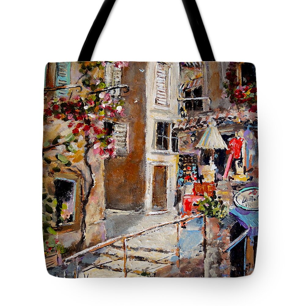 France French Tote Bag featuring the painting Shopping St Paul de Vence by Alan Lakin