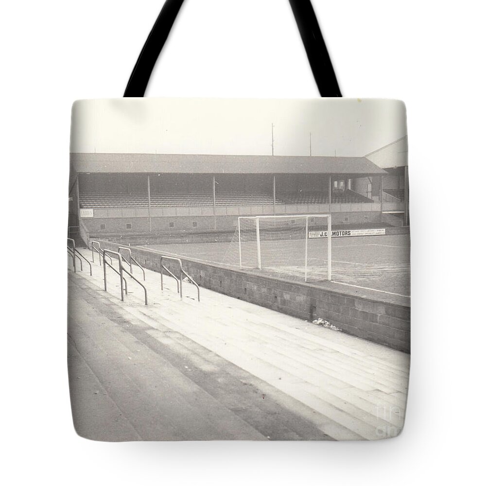 Shrewsbury Town Tote Bag featuring the photograph Shrewsbury Town - Gay Meadow - East Stand 1 - March 1970 by Legendary Football Grounds