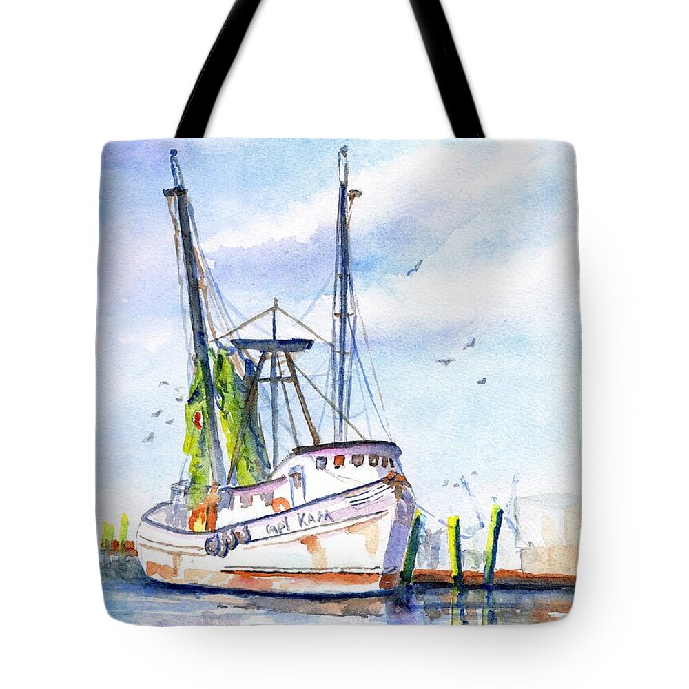 Shrimp Boat Tote Bag featuring the painting Shrimp Boat Gulf Fishing by Carlin Blahnik CarlinArtWatercolor